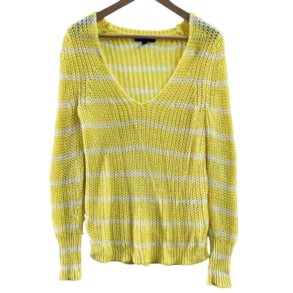 Banana Republic Yellow White Stripe Linen Sweater Women’s S V-Neck